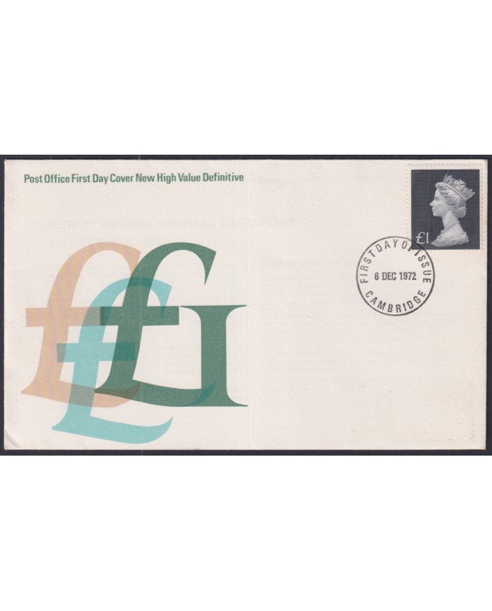F-EX51247 UK ENGLAND FDC 1972 CAMBRIDGE £1 MACHIN DEFINITIVE. F-EX51247 UK ENGLAND FDC 1972 CAMBRIDGE £1 MACHIN DEFINITIVE.