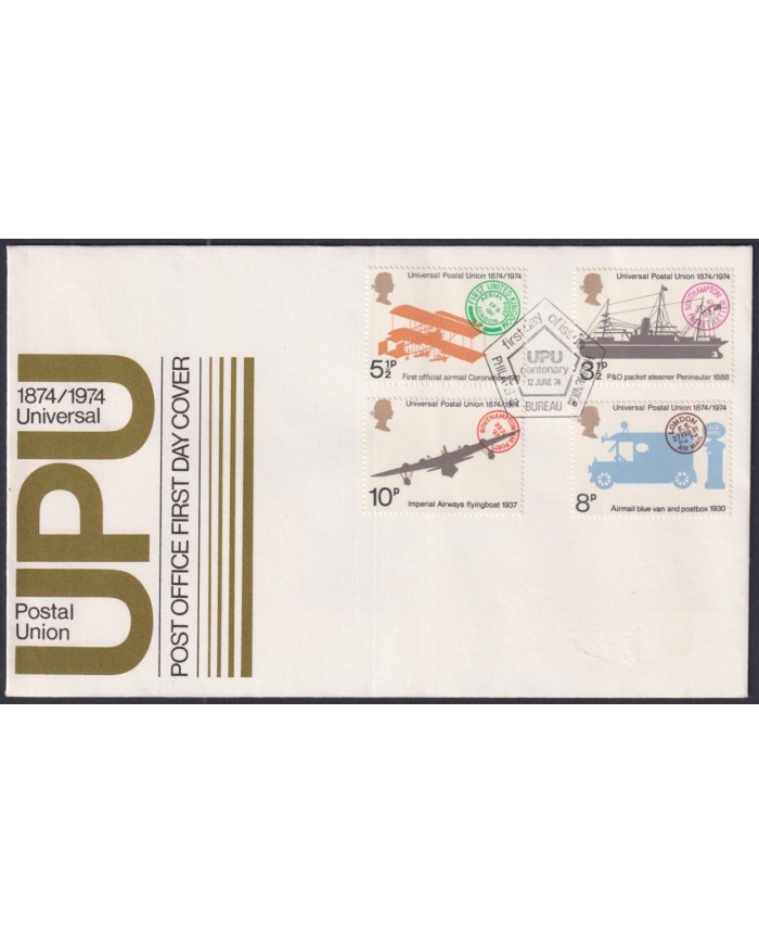 F-EX51259 UK ENGLAND FDC 1974 EDINBURGH UPU CENTENARY AVION AIRPLANE SHIP CAR. F-EX51259 UK ENGLAND FDC 1974 EDINBURGH UPU CENTENARY AVION AIRPLANE SHIP CAR.