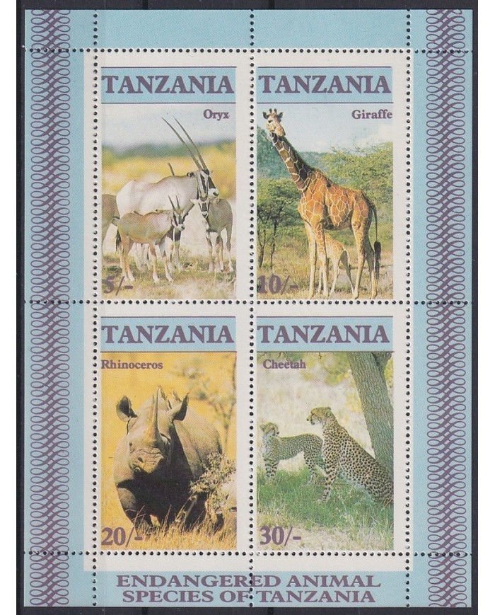 F-EX50721 TANZANIA MNH AFRICA WWF WILDLIFE RHINOCEROS CHEETAH ORYX GIRAFFE. F-EX50721 TANZANIA MNH AFRICA WWF WILDLIFE RHINOCEROS CHEETAH ORYX GIRAFFE.