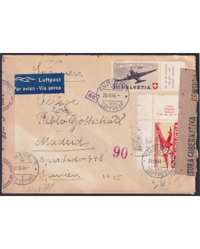 F-EX45301 SWITZERLAND 1944 WWII COVER TO MADRID SPAIN WITH CENSORSHIP MARK.