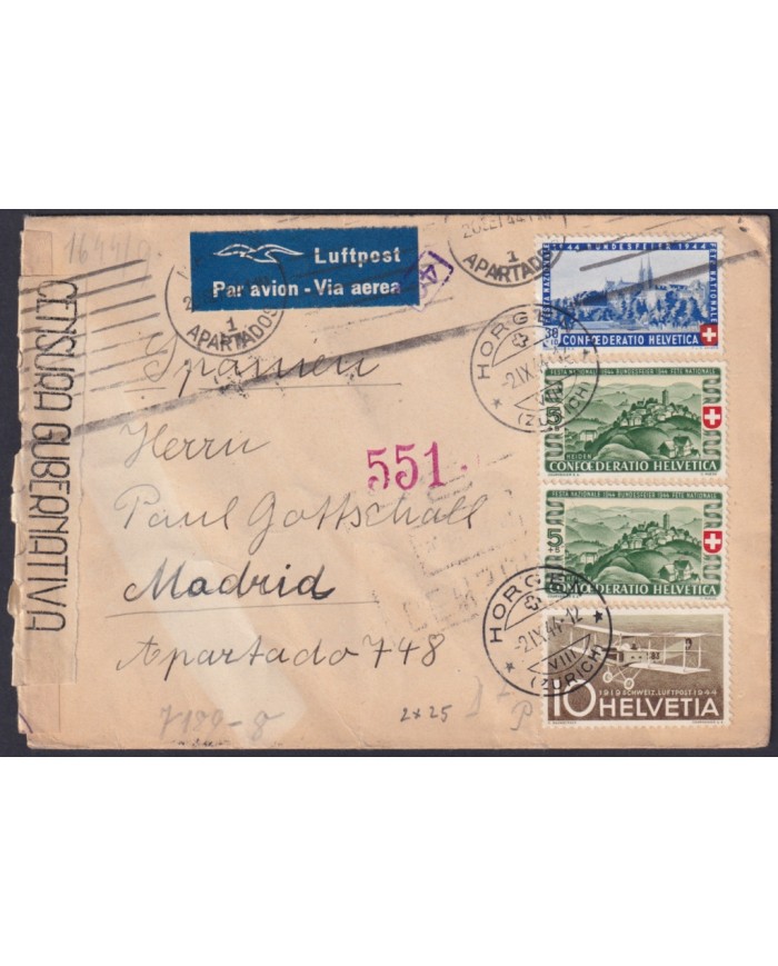 F-EX45302 SWITZERLAND 1944 WWII COVER TO MADRID SPAIN WITH CENSORSHIP MARK.