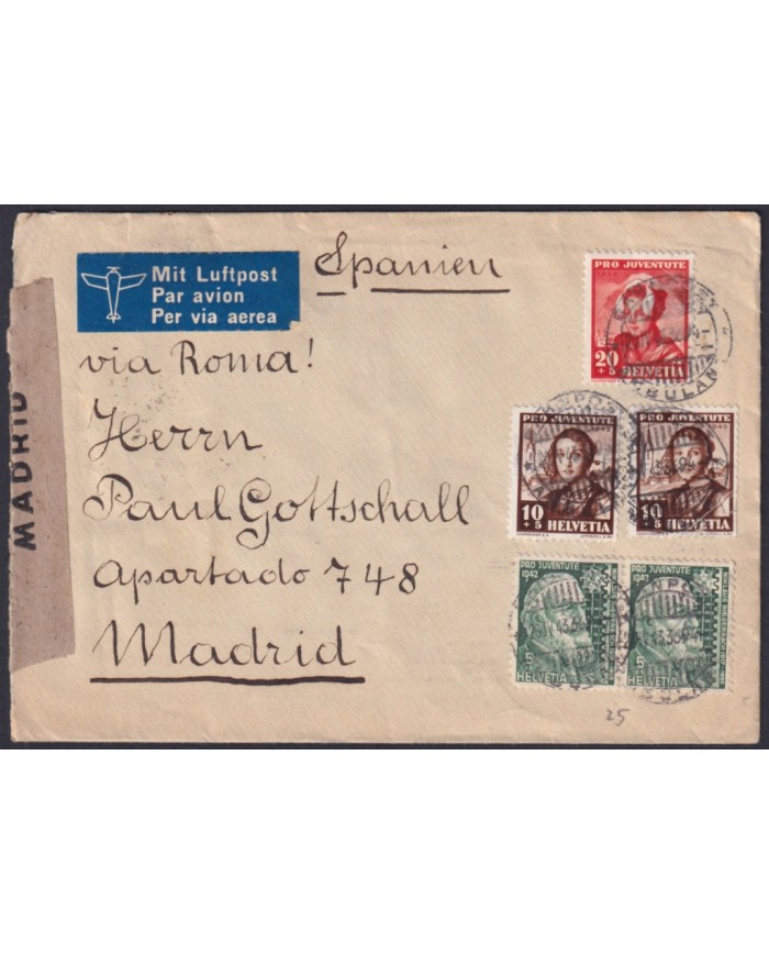 F-EX45303 SWITZERLAND 1943 WWII COVER TO MADRID SPAIN WITH CENSORSHIP MARK.