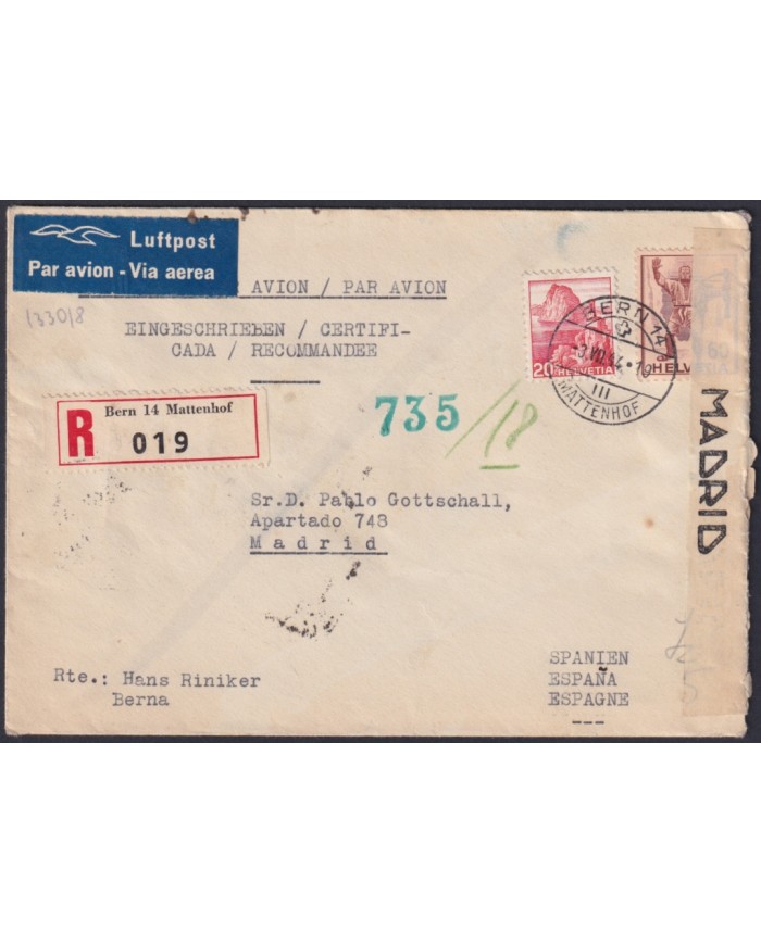 F-EX45304 SWITZERLAND 1943 WWII COVER TO MADRID SPAIN WITH CENSORSHIP MARK.