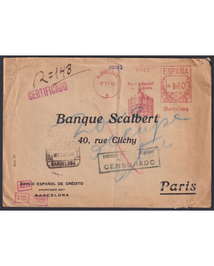 F-EX45424 ESPAÑA SPAIN 1940 SPECIAL REG BANK OF BARCELONA CENSORSHIP TO FRANCE.