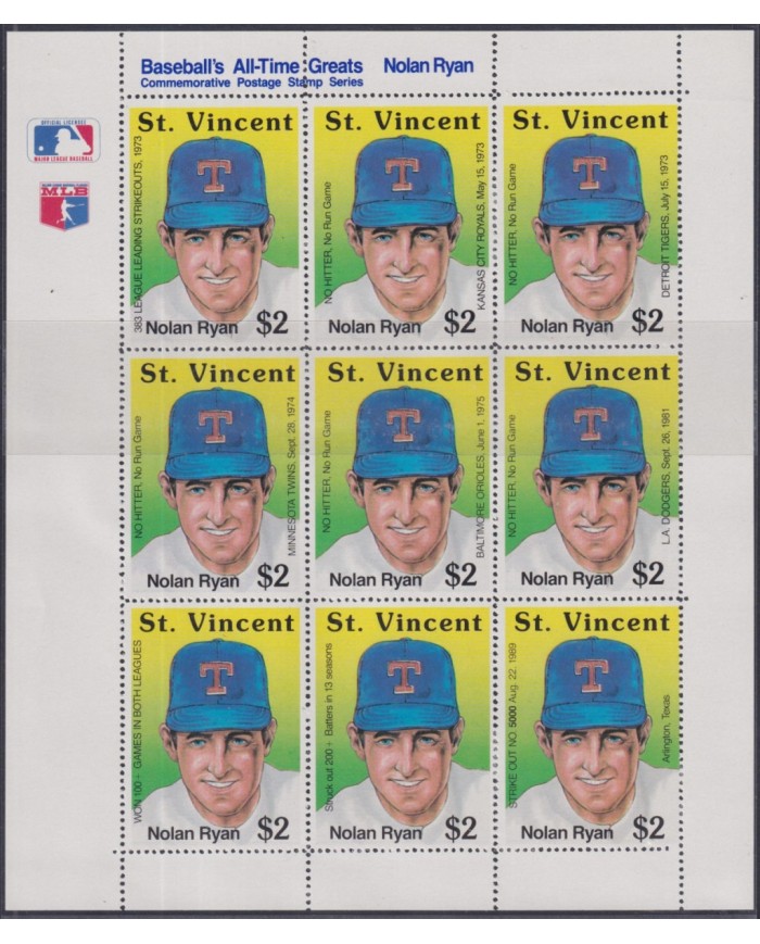 F-EX48144 ST VINCENT MNH 1989 SHEET NOLAN RYAN BASEBALL. F-EX48144 ST VINCENT MNH 1989 SHEET NOLAN RYAN BASEBALL.