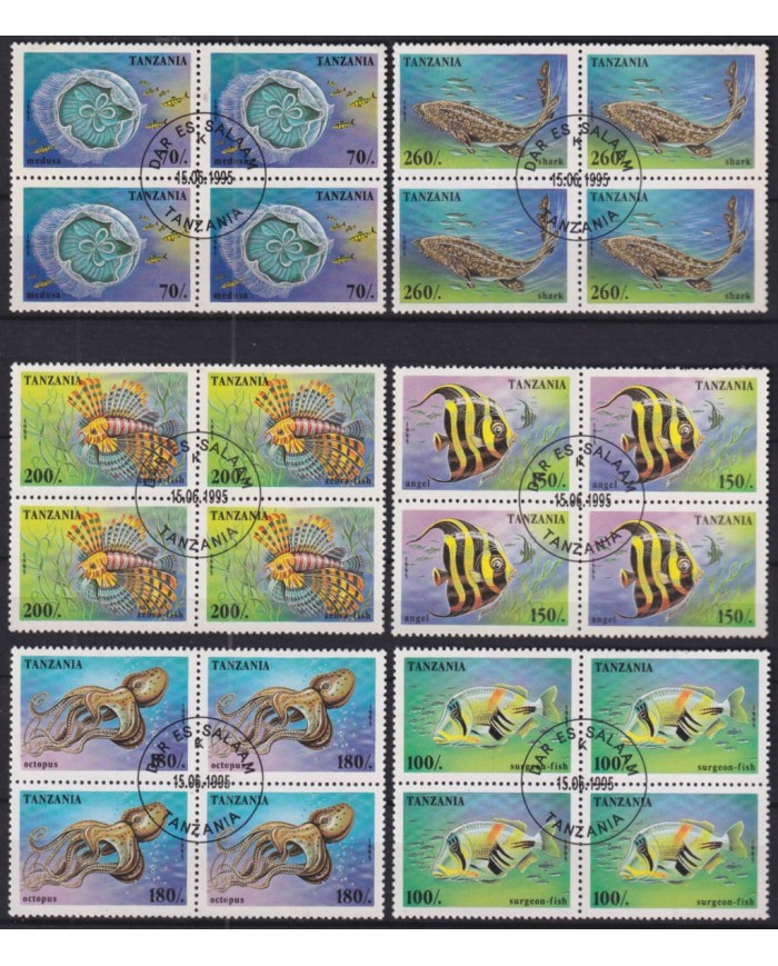 F-EX50771 TANZANIA USED 1995 MARINE WILDLIFE FISH PECES BLOCK 4.