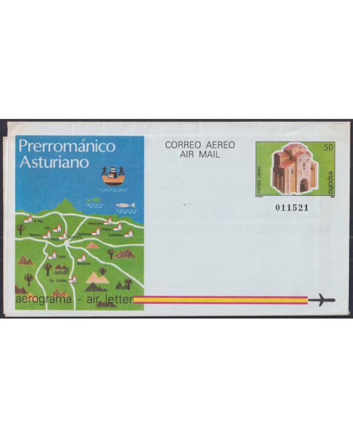 F-EX52479 ESPAÑA SPAIN 1987 AEROGRAMME ARCHITECTURE PRE ROMANIC ART ASTURIAS.