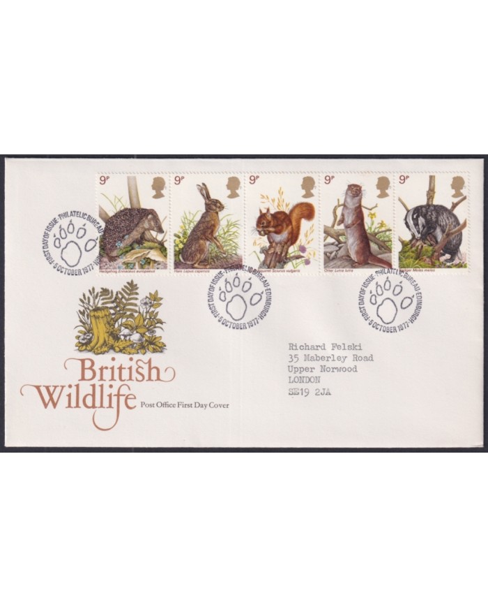F-EX51292 UK ENGLAND 1977 FDC EDINBURGH CANCEL WWF WILFLIFE HEDGHEHOG RABITT.