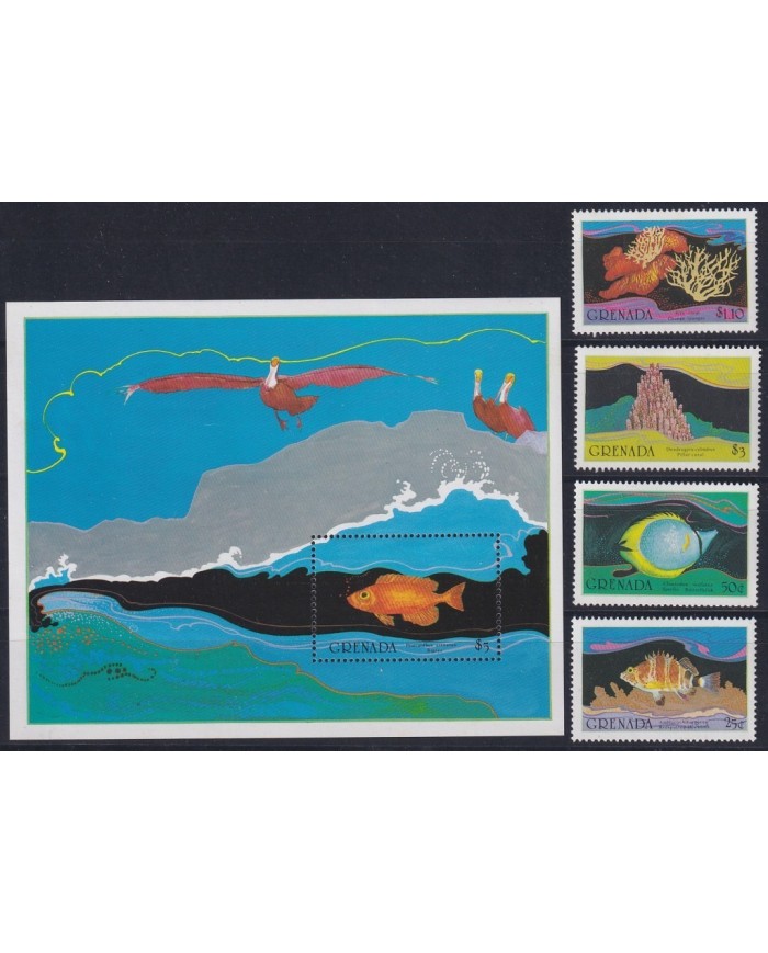 F-EX18232 GRENADA MNH 1985 SEA MARINE WILDLIFE FISH SET + SHEET