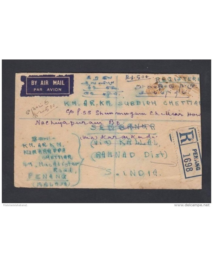*F-EX1262 UK MALAYA MALAYSIA STRAIGHT SETTLEMENT PENANG TO INDIA REGISTERED