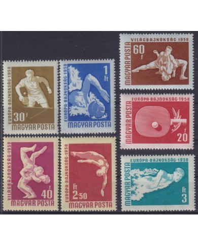 F-EX50993 HUNGARY MH 1958 SPORT CHAMPIONSHIP TENNIS SWIMMING WATERPOLO.