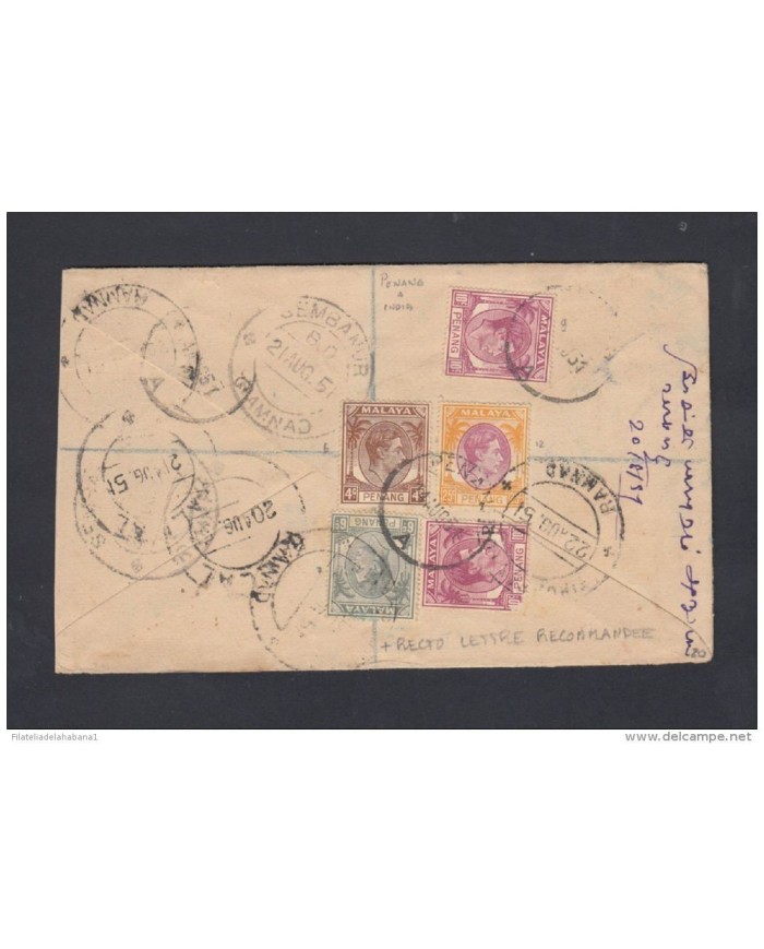 *F-EX1262 UK MALAYA MALAYSIA STRAIGHT SETTLEMENT PENANG TO INDIA REGISTERED