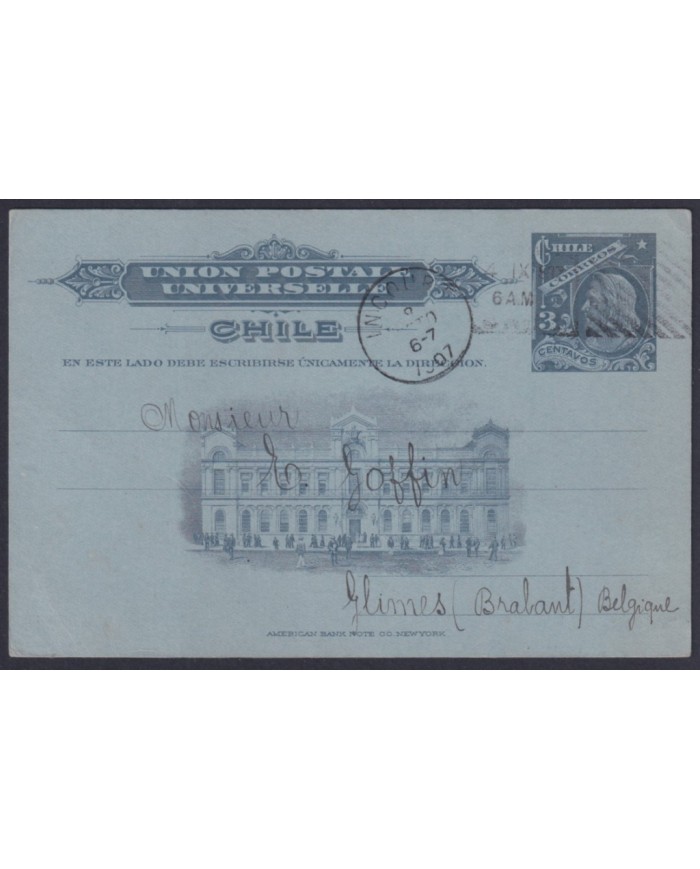 F-EX53434 CHILE 1907 POSTAL STATIONERY COVER 3c BLUE COLUMBUS TO BELGIUM.