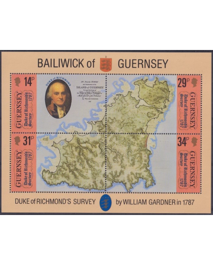 F-EX53945 UK ENGLAND GUERNSEY MNH 1987 DUK OF RICHMONT ISLAND MAP SHET.