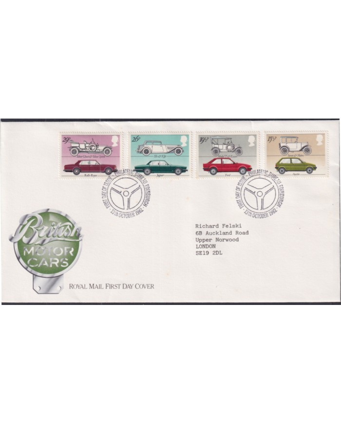 F-EX51362 UK ENGLAND FDC EDINBURGH 1982 MOTOR CAR JAGUAR ROLL ROYCE FORD AUSTIN.