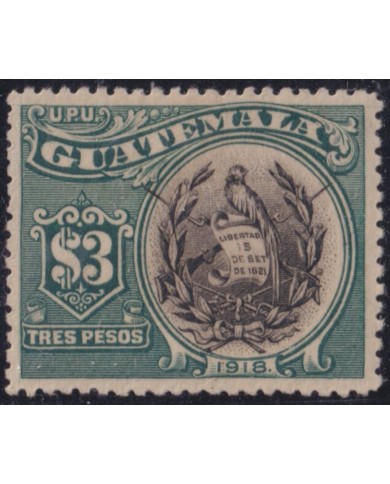 F-EX53423 GUATEMALA 1918 3$ BIRD QUETZAL.