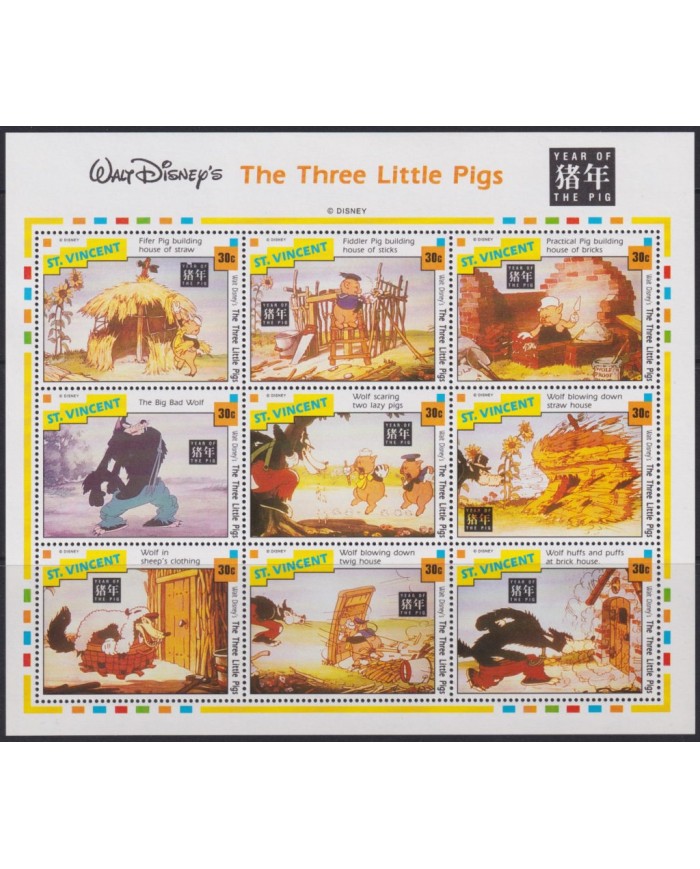 F-EX48176 ST VINCENT MNH 1992 THREE PIGS DISNEY CARTOON MOVIE CINEMA COMICS.