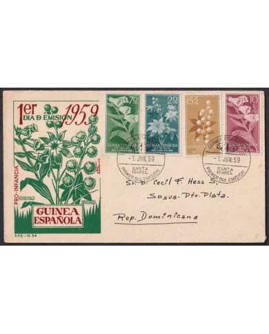 F-EX54841 SPANISH GUINEA 1959 FDC FLOWER COVER TO DOMINICAN REP SPAIN.