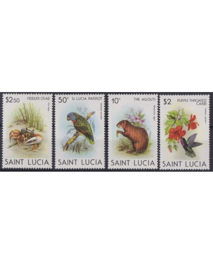 F-EX18662 ST LUCIA MNH PARROT FIDDER CRAB AGOUTI PURPRE THROATED CARIB BIRD.