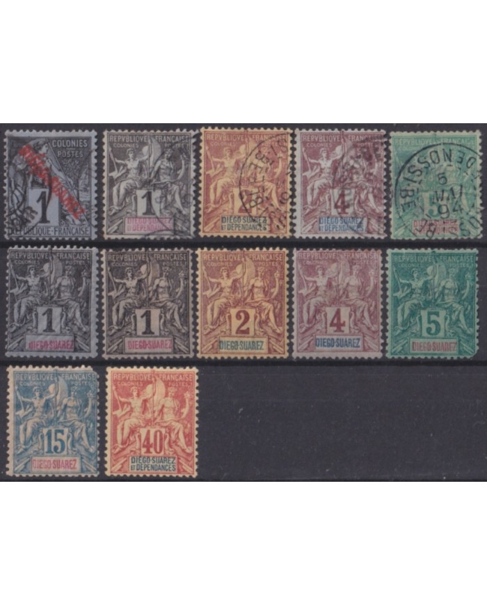 F-EX50552 FRANCE DIEGO SUAREZ 1892-93 PEACE & COMMERCE STAMPS LOT + 100€.