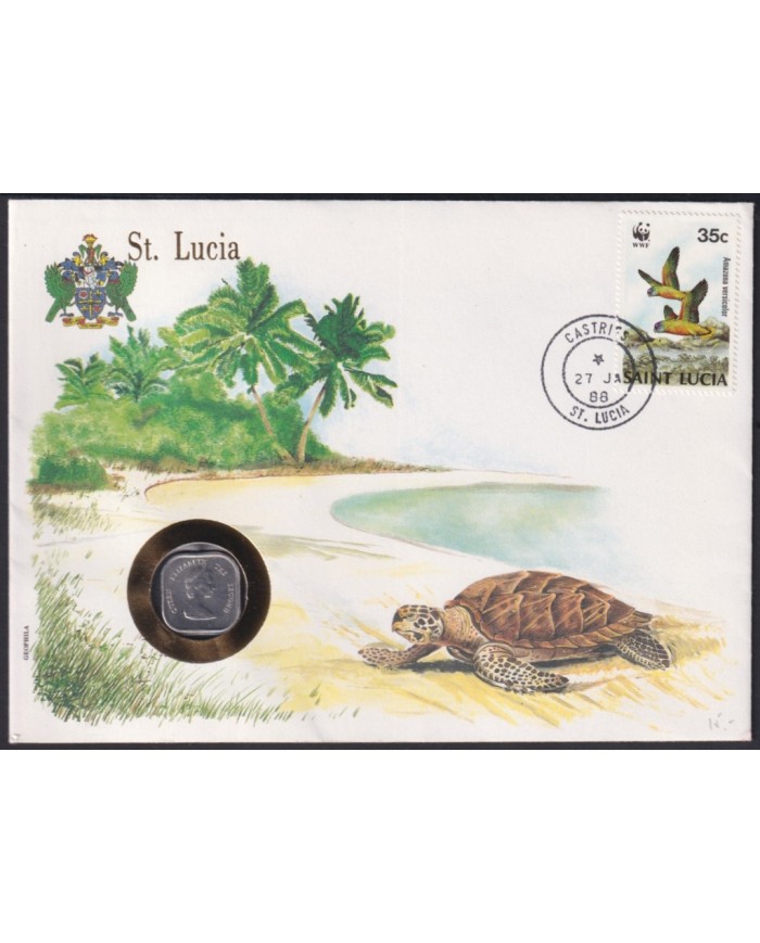 F-EX54259 ST LUCIA MNH 1988 BIRDS AVES OISEAUX VÖGEL TURTEL WITH COIN.