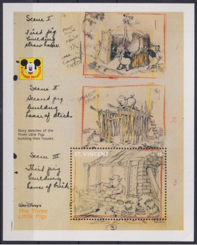 F-EX55119 ST VINCENT MNH 1992 DISNEY CARTOON MOVIE THREE LITTLE PIGS STORY SKETCHES.