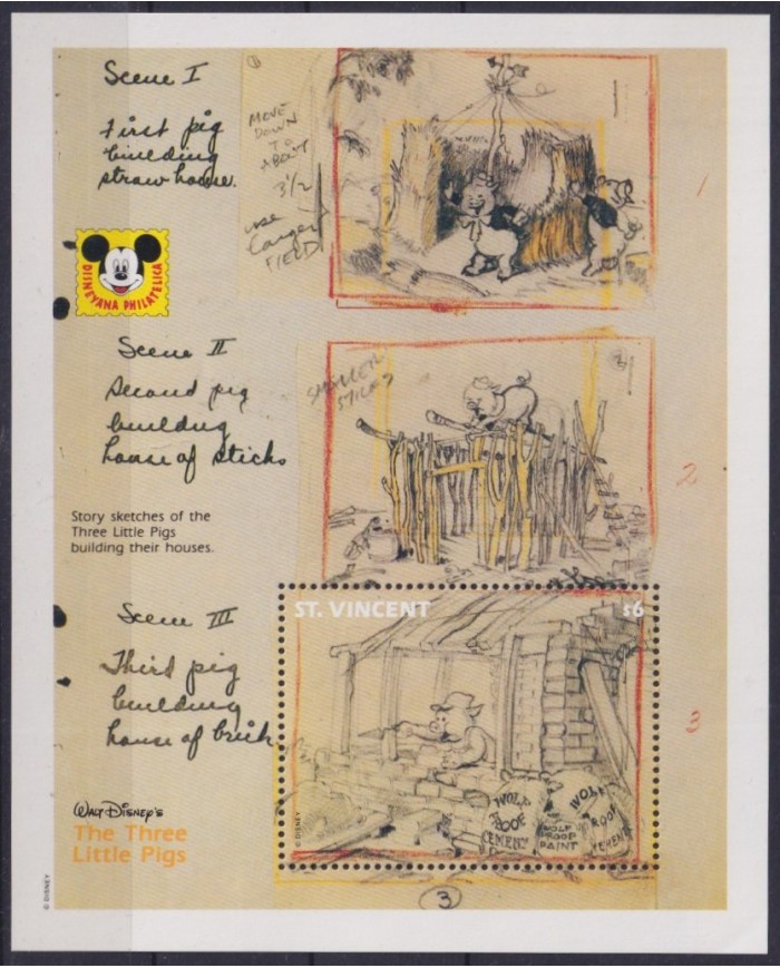 F-EX55119 ST VINCENT MNH 1992 DISNEY CARTOON MOVIE THREE LITTLE PIGS STORY SKETCHES.