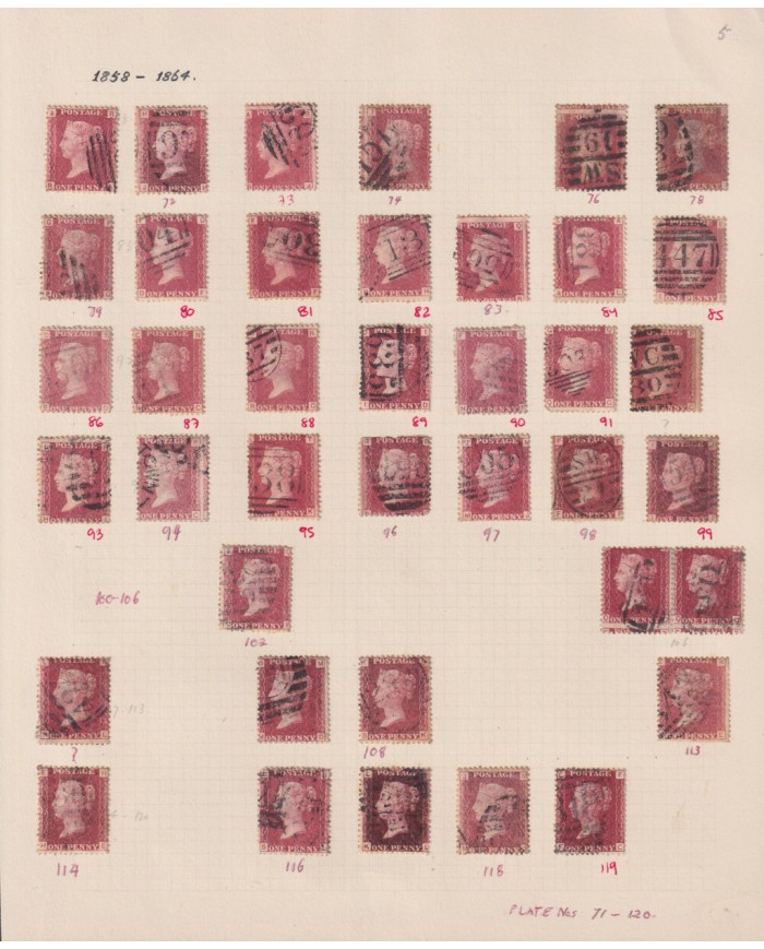 F-EX48145 UK ENGLAND 1858-64 ONE PENNY 94 DIFFERENT PLATE NUMBER LOT.