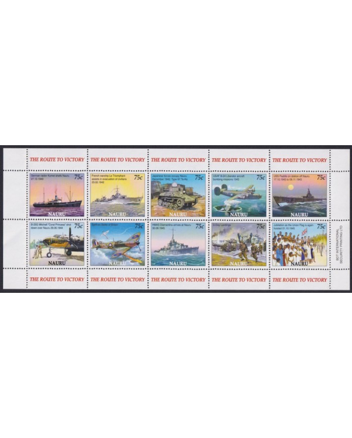 F-EX53072 NAURU IS MNH 2005 SHIP END OF WWII BATTLESHIP ROUTE TO VICTORY TANK AIRPLANE.