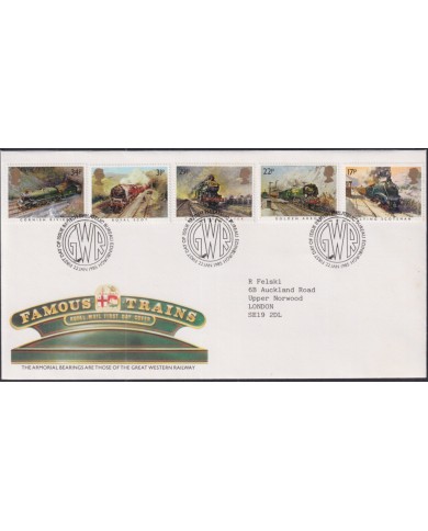F-EX51395 UK ENGLAND FDC EDINBURGH 1985 FAMOUS TRAINS RAILROAD RAILWAYS GWR.