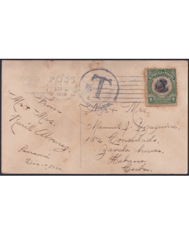 F-EX52300 PANAMA 1920 POSTAGE DUE POSTCARD TO CUBA HAVANA.
