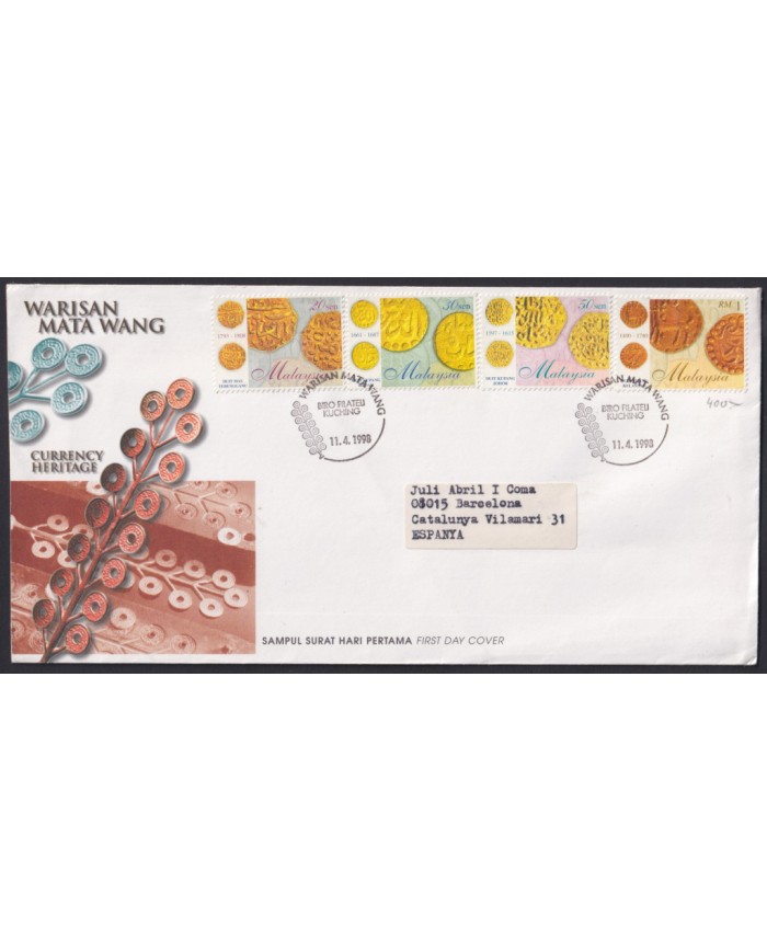 F-EX55029 MALAYSIA FDC 1998 CURRENCY HERITAGE COIN TO SPAIN.
