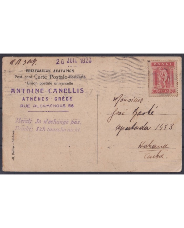 F-EX53561 GREECE 1926 POSTCARD ATHENES TO HAVANNA.