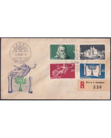 F-EX47557 SWITZERLAND FDC 1948 200th WESTPHALIA TREATY BASEL CANCEL TO SPAIN.