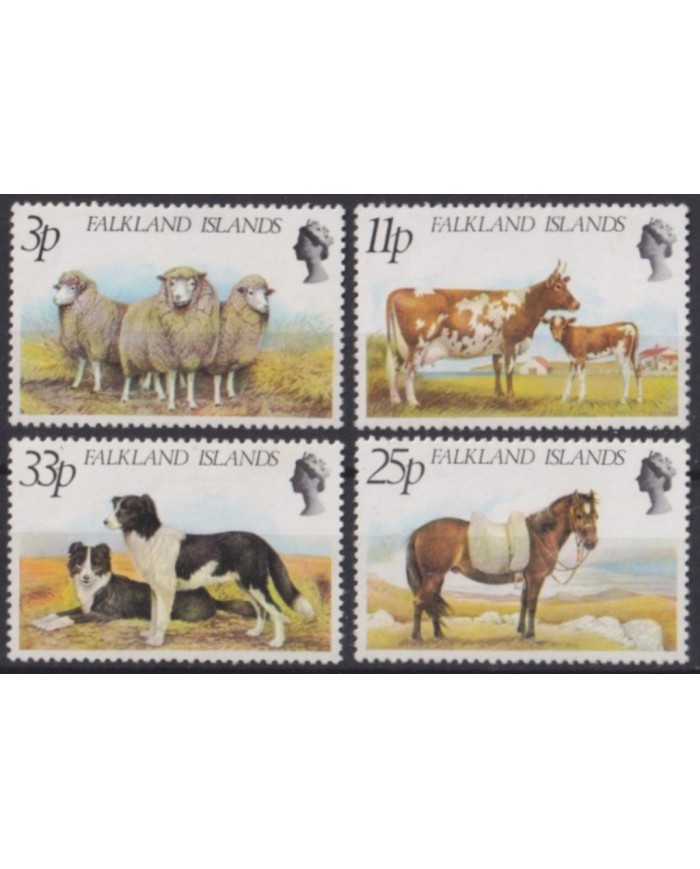 F-EX56020 FALKLAND IS MH 1979 FAUNA WILDLIFE SHEEP COW DOG HORSE.