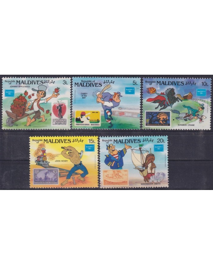 F-EX56053 MALDIVES IS MNH 1986 AMERIPEX '86 DISNEY TRAIN CASEY JONES PAUL BUNYAN.