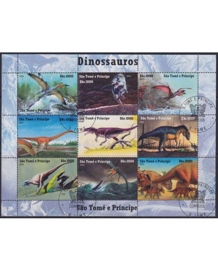 F-EX54082 SAO TOME I PRINCIPE USED 2004 PREHISTORIC FAUNA DINOSAUR SHEET.
