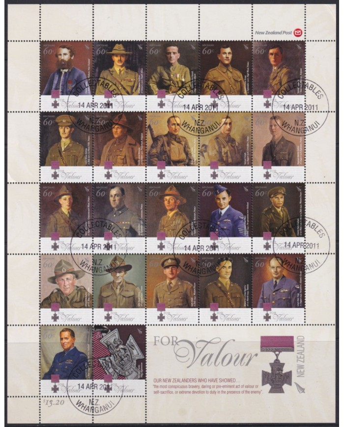 F-EX54088 NEW ZEALAND FINE USED 2011 WWII FOR VALOUR MEDAL SHEET.