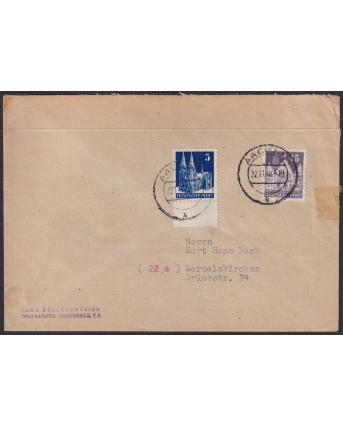 F-EX56530 GERMANY OCCUPATION ZONE BIZONE 1948 BUILDING 5 + 15pf COVER AACHEN.