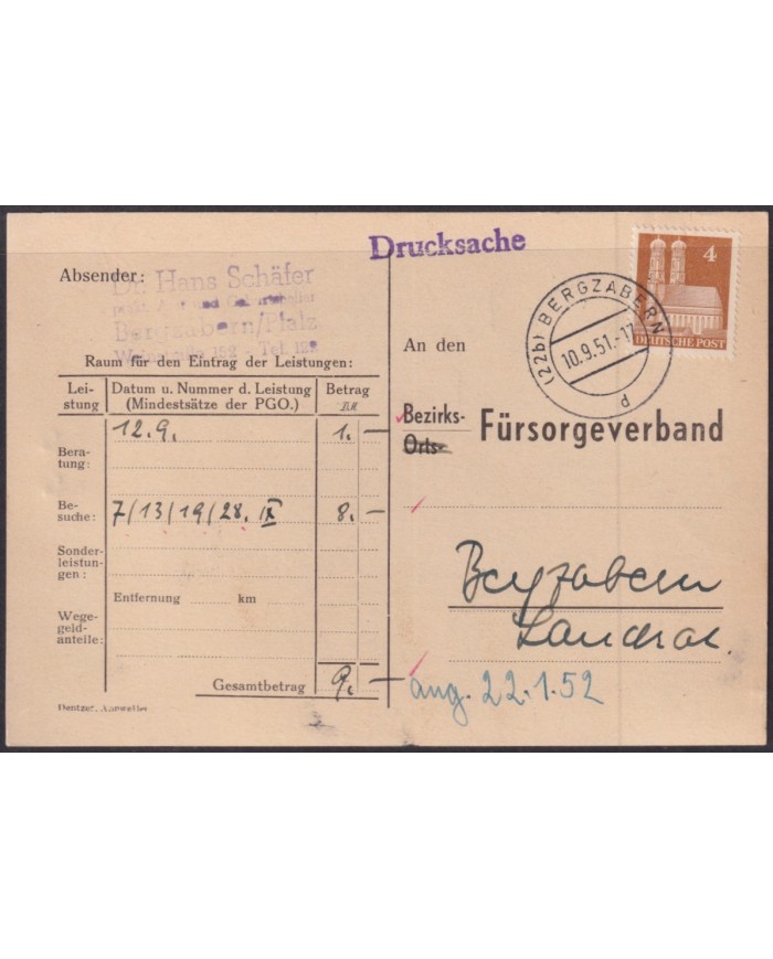 F-EX56532 GERMANY OCCUPATION ZONE BIZONE 1951 BUILDING 4pf CARD BERGZABERN.
