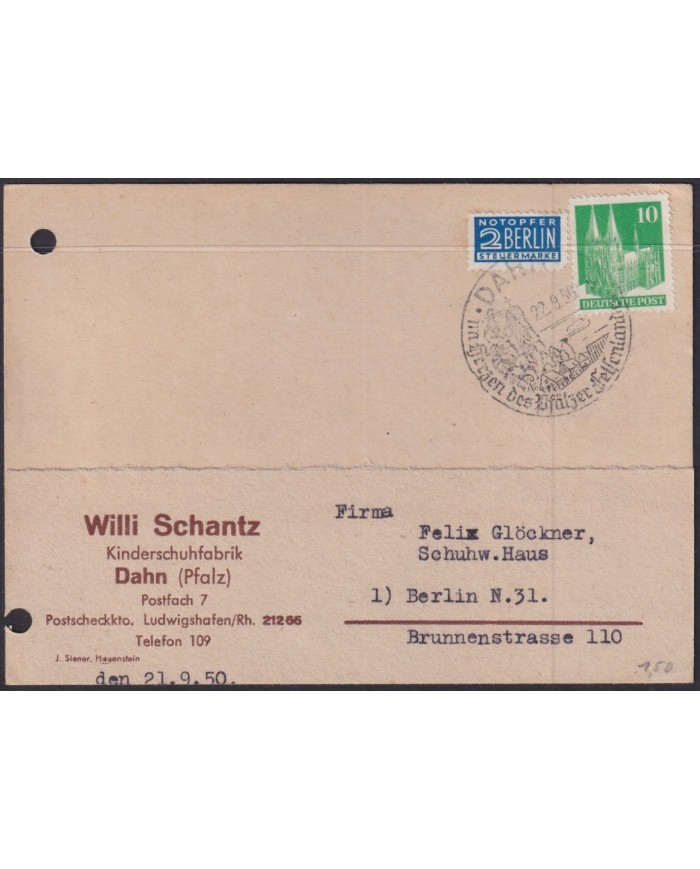 F-EX56534 GERMANY OCCUPATION ZONE BIZONE 1950 10pf SPECIAL CANCEL DAHN PFALZ.