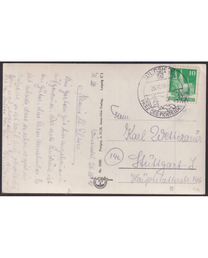 F-EX56535 GERMANY OCCUPATION ZONE BIZONE 1948 4pf SPECIAL CANCEL WUNSIEDEL POSTCARD.