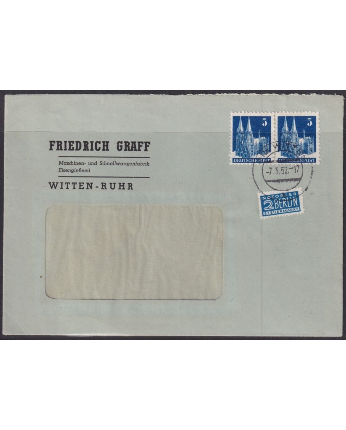 F-EX56537 GERMANY OCCUPATION ZONE BIZONE 1952 BUILDING 5pf COVER WITTEN RUHR.