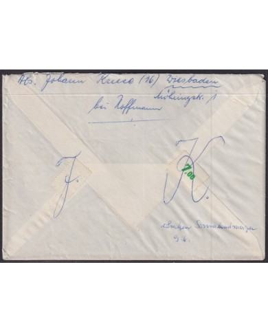 F-EX56506 GERMANY OCCUPATION BIZONE 1950 BUILDING 10pf COVER MAINZ POSTAGE DUE
