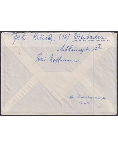 F-EX56508 GERMANY OCCUPATION ZONE BIZONE 1951 BUILDING 20pf COVER WIESBADEN