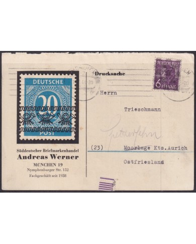 F-EX56510 GERMANY OCCUPATION BIZONE 1948 OVERPRINT TIPE I. 6pf CARD MUNCHEN.