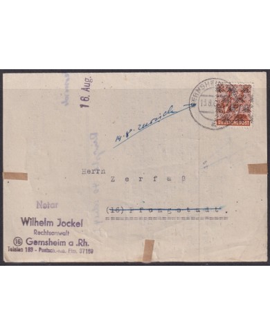 F-EX56513 GERMANY OCCUPATION BIZONE 1948 OVERPRINT TIPE I. 24pf CARD GEMSHEIM.