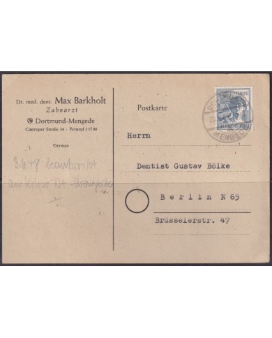 F-EX56610 GERMANY OCCUPATION ZONE ASS POST 1948 12pf DORTMUNG MENGEDE CARD.