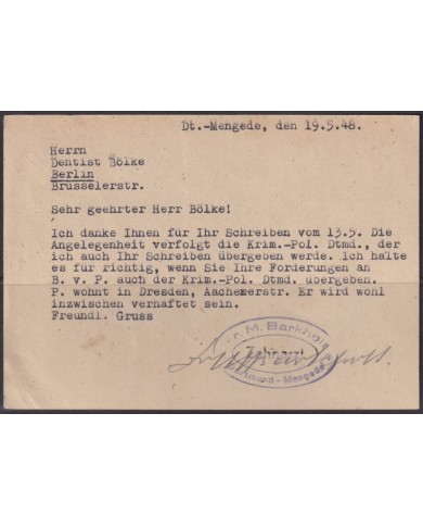F-EX56610 GERMANY OCCUPATION ZONE ASS POST 1948 12pf DORTMUNG MENGEDE CARD.