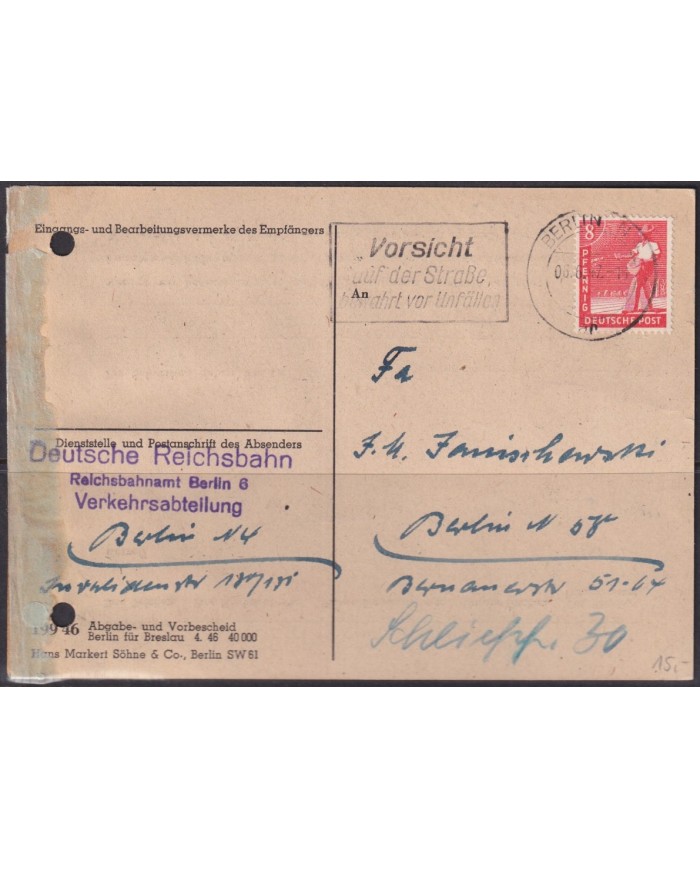 F-EX56612 GERMANY OCCUPATION ZONE ASS POST 1947 8pf SPECIAL CANCEL BERLIN.
